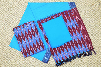 Picture of Brick Red and Blue Pochampally Cotton Dress Material