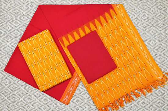 Picture of Mustard Yellow and Red Pochampally Cotton Dress Material