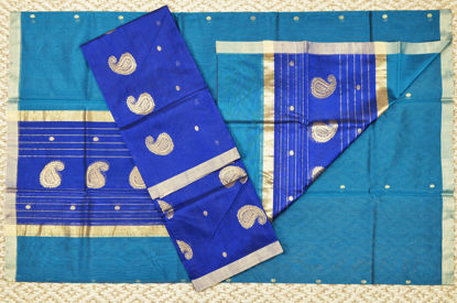Picture of Royal Blue and Peacock Green 2 Piece Chanderi Silk Dress Material With Zari Butta