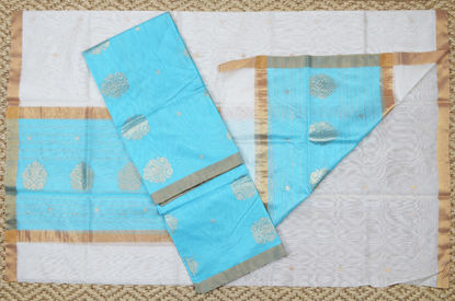 Picture of Sea Blue and Ivory White 2 Piece Chanderi Silk Dress Material With Zari Butta
