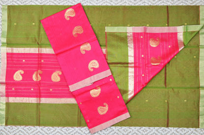 Picture of Pink and Mehandi Green 2 Piece Chanderi Silk Dress Material With Zari Butta