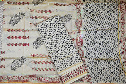 Picture of Beige and Black 3 Piece Handblock Print Chanderi Silk Dress Material With Zari Border