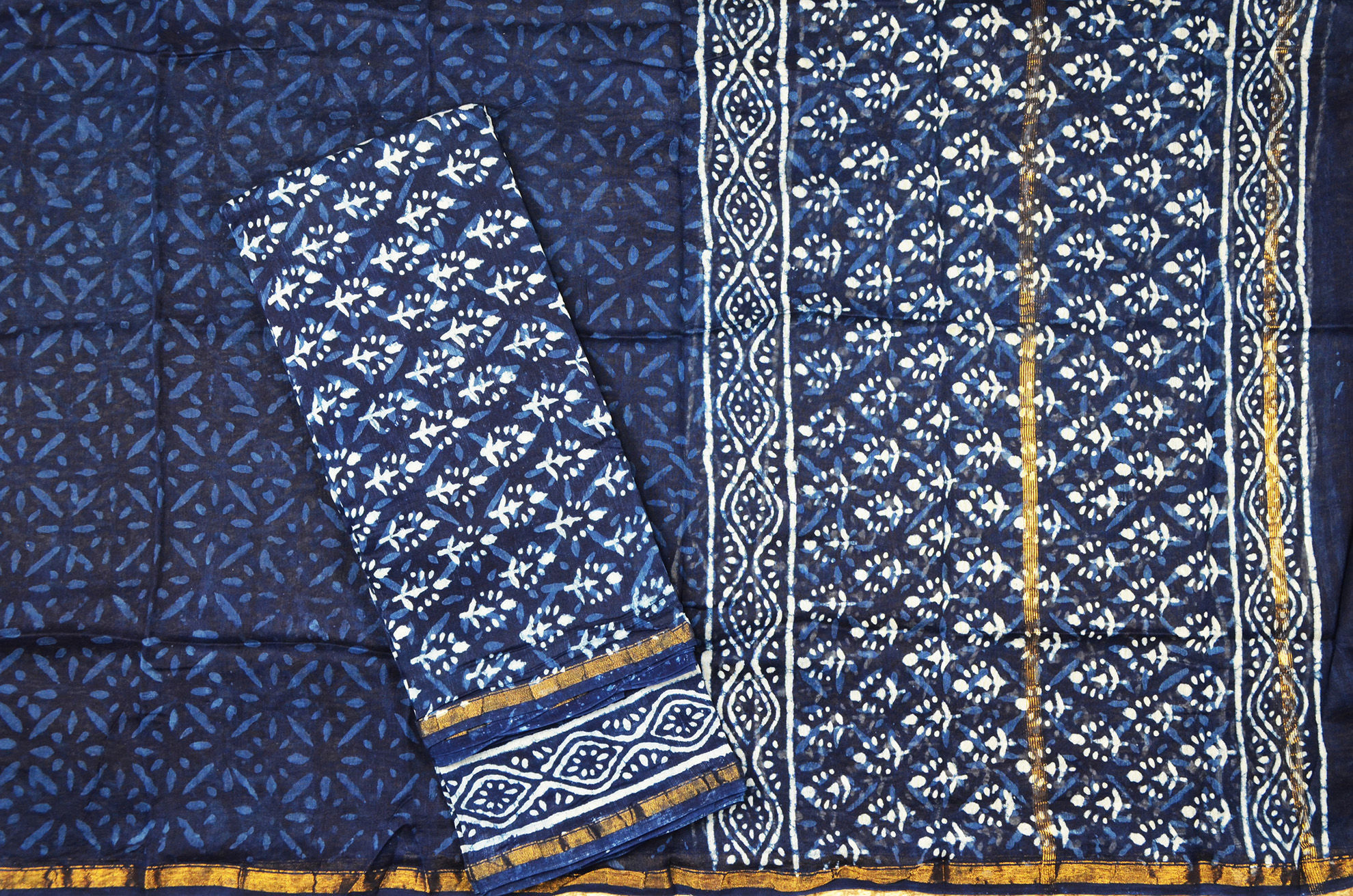 Tvis and Bliss. Indigo and Violet Batik Print Maheshwari Silk Dress Material