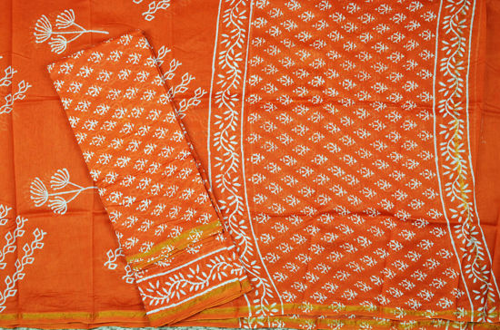 Picture of Orange 3 Piece Handblock Print Chanderi Silk Dress Material With Zari Border
