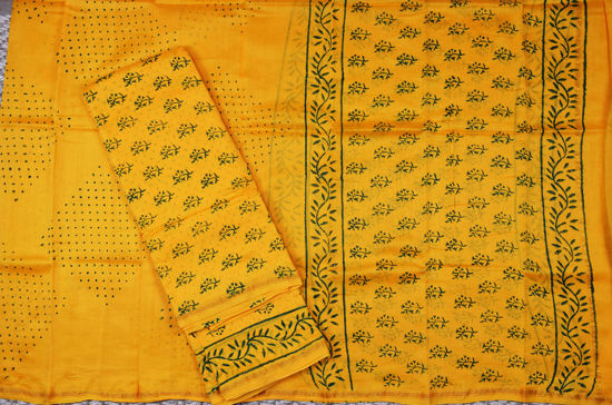 Picture of Yellow 3 Piece Handblock Print Chanderi Silk Dress Material With Zari Border