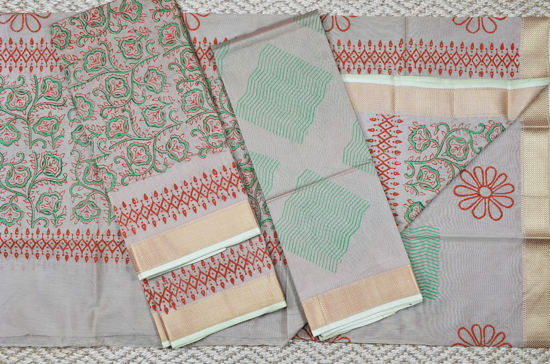 Picture of Nude Handblock Print Maheshwari Silk Dress Material With Zari Border