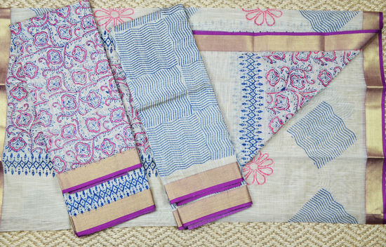 Picture of Beige and Magenta Handblock Print Maheshwari Silk Dress Material With Zari Border