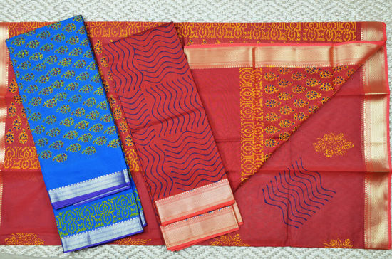 Picture of Peacock Blue and Brick Red Handblock Print Maheshwari Silk Dress Material With Zari Border