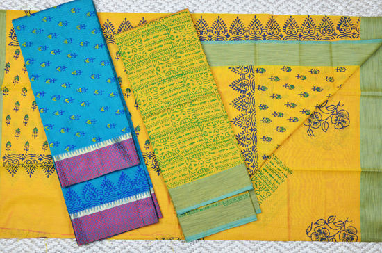 Picture of Peacock Green and Yellow Handblock Print Maheshwari Silk Dress Material With Thread Border