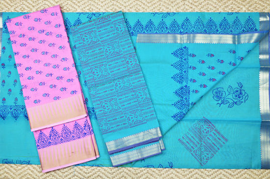 Picture of Baby Pink and Blue Handblock Print Maheshwari Silk Dress Material With Zari Border