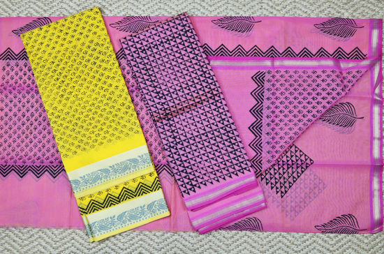 Picture of Lemon Yellow and Peach Handblock Print Maheshwari Silk Dress Material With Thread Border
