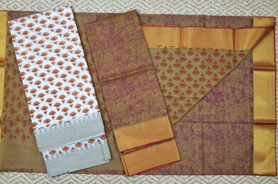 Picture of Beige and Brown Handblock Print Maheshwari Silk Dress Material With Thread Border