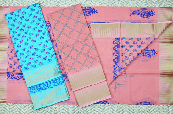 Picture of Sea Green and Peach Handblock Print Maheshwari Silk Dress Material With Zari Border