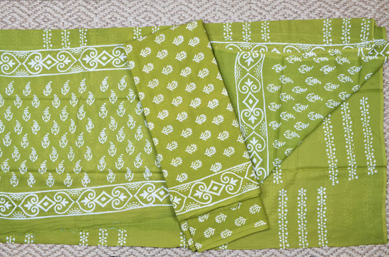 Picture of Mehandi Green and White Handblock Print Malmal Cotton Dress Material
