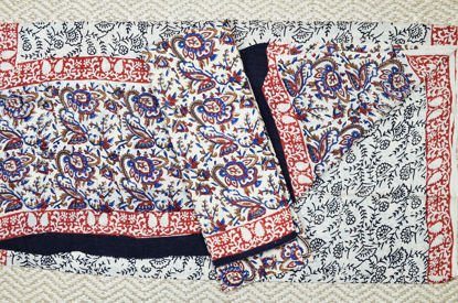 Picture of Beige with Blue and Red Kalamkari Print Malmal Cotton Dress Material