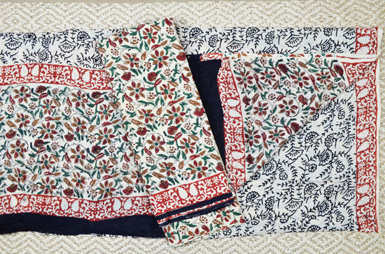 Picture of Beige with Green and Red Kalamkari Print Malmal Cotton Dress Material