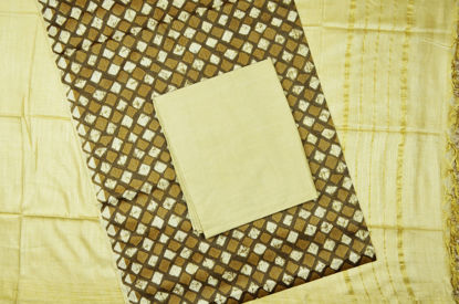 Picture of Olive Green and Beige 3 Piece Bhagalpuri Silk Batik Print Dress Material