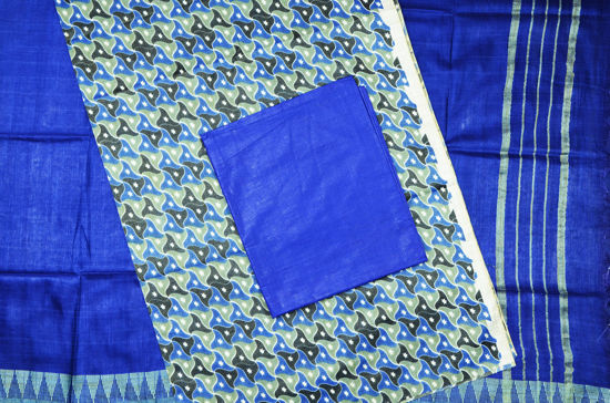 Picture of Multicolour and Royal Blue 3 Piece Bhagalpuri Silk Geometric Print Dress Material