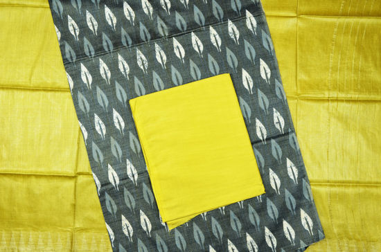 Picture of Grey and Olive Yellow 3 Piece Bhagalpuri Silk Batik Print Dress Material
