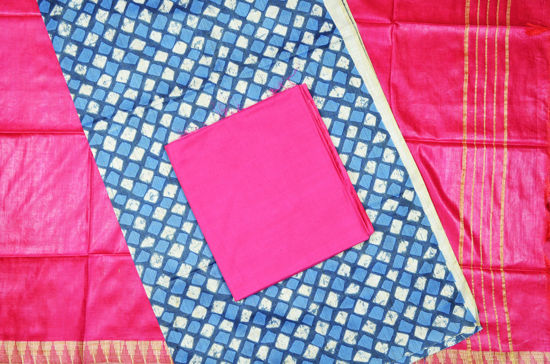 Picture of Blue and Pink 3 Piece Bhagalpuri Silk Batik Print Dress Material