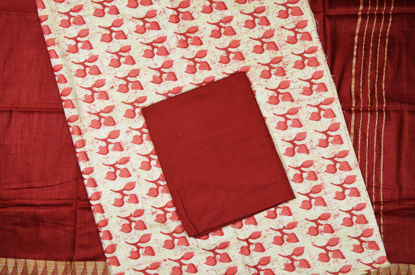 Picture of Beige and Brick Red 3 Piece Bhagalpuri Silk Batik Print Dress Material