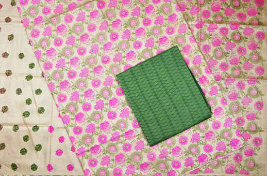 Picture of Dark Green and Beige 3 Piece Bhagalpuri Silk Printed Dress Material