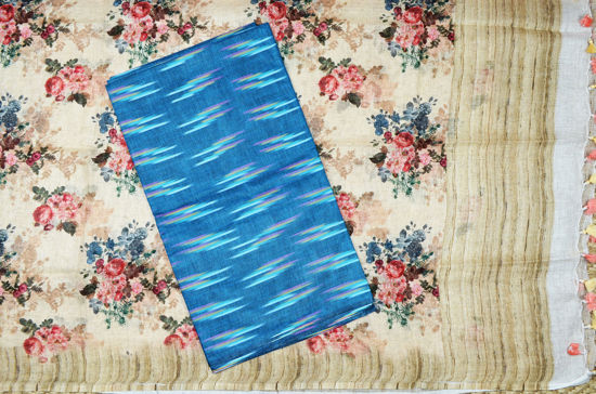 Picture of Prussian Blue and Beige 2 Piece Ikkat Cotton Top with Floral Printed Linen Dupatta Dress Material