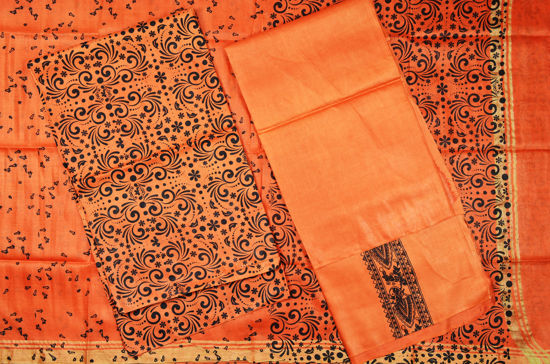 Picture of Orange and Black 3 Piece Bhagalpuri Silk Floral Print Dress Material