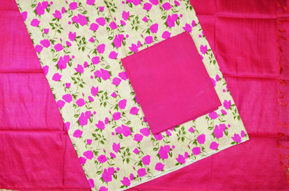 Picture of Beige and Pink 3 Piece Bhagalpuri Silk Cotton Floral Print Dress Material