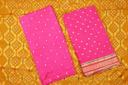 Picture of Mustard Yellow and Pink 3 Piece Tie and Dye Zari Bandhani Cotton Dress Material