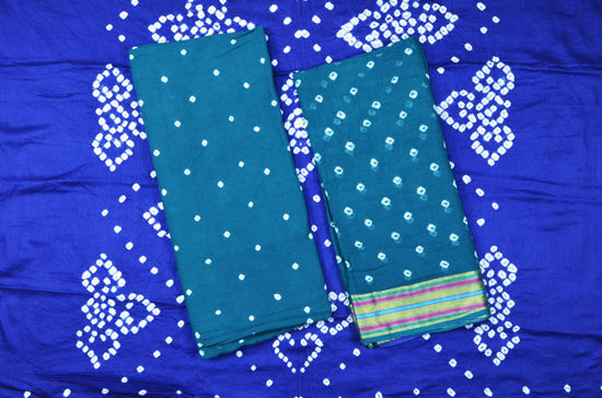 Picture of Royal Blue and Peacock Green 3 Piece Tie and Dye Bandhani Cotton Dress Material