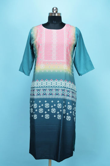 Picture of Pink and Peacock Blue Rayon Printed Kurti