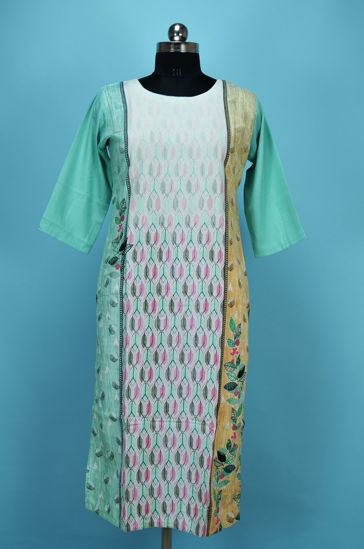 Picture of White and Sea Green Rayon Printed Kurti