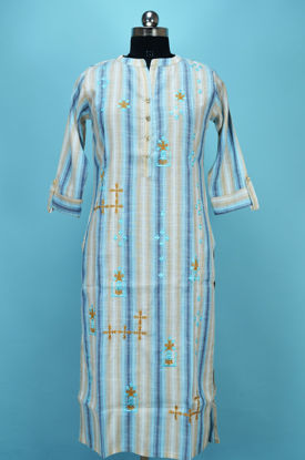 Picture of Sky Blue and White Stripes Cotton Embroided Kurti