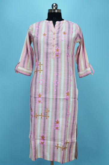 Picture of Pink and White Stripes Cotton Embroided Kurti