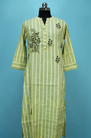 Picture of Mint Green and White Stripes Cotton Embroided Kurti