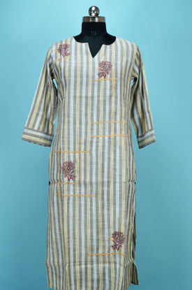 Picture of Brown and White Stripes Cotton Embroided Kurti