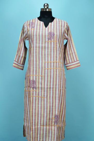 Picture of Onion Pink and White Stripes Cotton Embroided Kurti