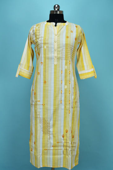 Picture of Lemon Yellow and White Stripes Cotton Embroided Kurti