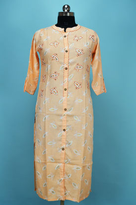 Picture of Melon Orange and White Printed Rayon Embroided Kurti