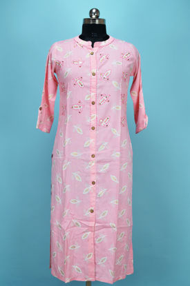 Picture of Baby Pink and White Printed Rayon Embroided Kurti
