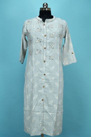 Picture of Sweet Grey and White Printed Rayon Embroided Kurti