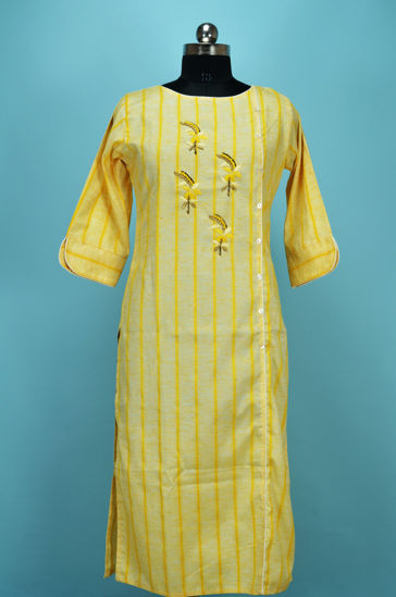 Picture of  Yellow and White  Cotton Hand Embroided Kurti