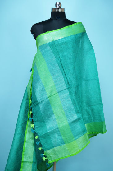 Picture of Peacock Green and Parrot Green Plain Linen Dupatta with Silver Border