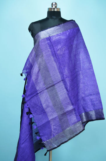 Picture of Violet and Purple Plain Linen Dupatta with Silver Border