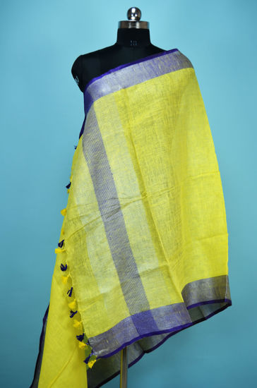 Picture of Yellow and Violet Plain Linen Dupatta with Silver Border