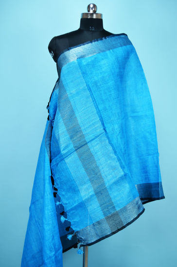 Picture of Sky Blue and Black Plain Linen Dupatta with Silver Border