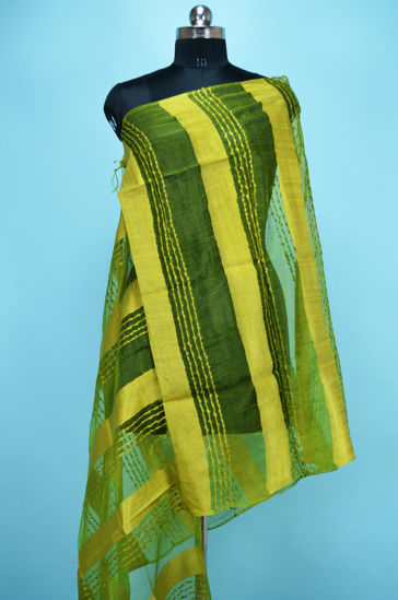 Picture of Olive Green Self Stripes Bhagalpuri Silk Dupatta