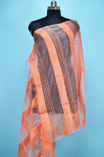 Picture of Melon Orange Self Stripes Bhagalpuri Silk Dupatta