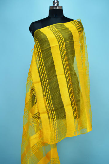 Picture of Yellow Self Stripes Bhagalpuri Silk Dupatta